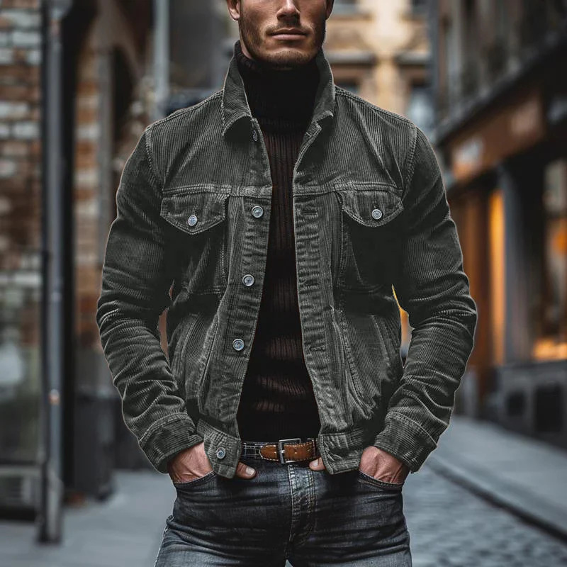 Men's Corduroy Long-Sleeve Striped Collar Jacket for Autumn and Winter