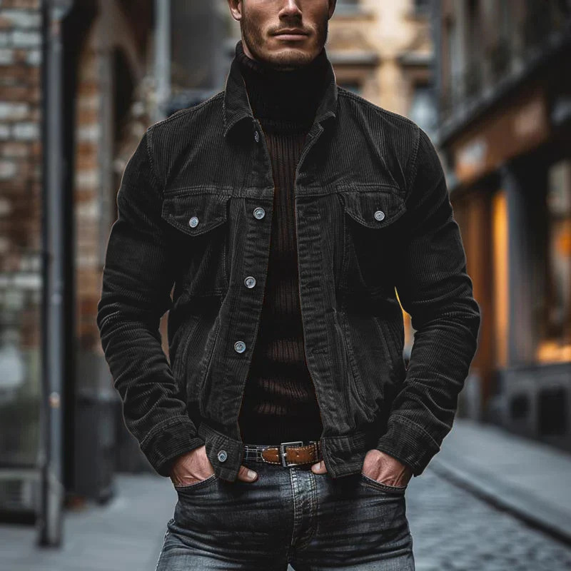 Men's Corduroy Long-Sleeve Striped Collar Jacket for Autumn and Winter