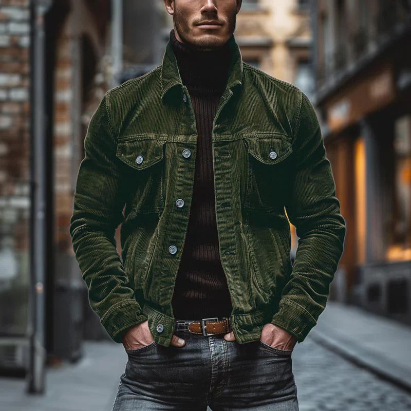 Men's Corduroy Long-Sleeve Striped Collar Jacket for Autumn and Winter