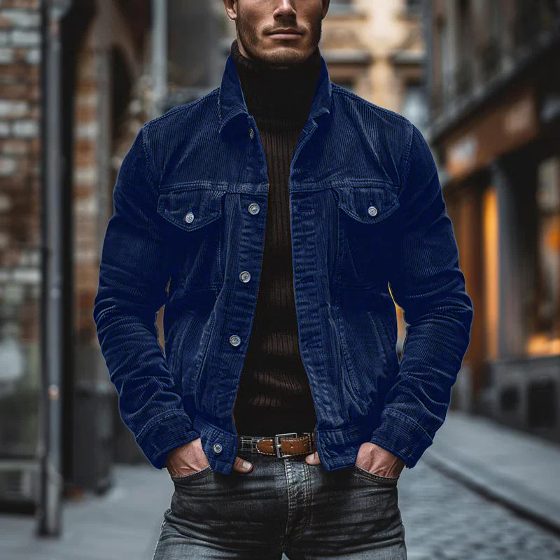 Men's Corduroy Long-Sleeve Striped Collar Jacket for Autumn and Winter