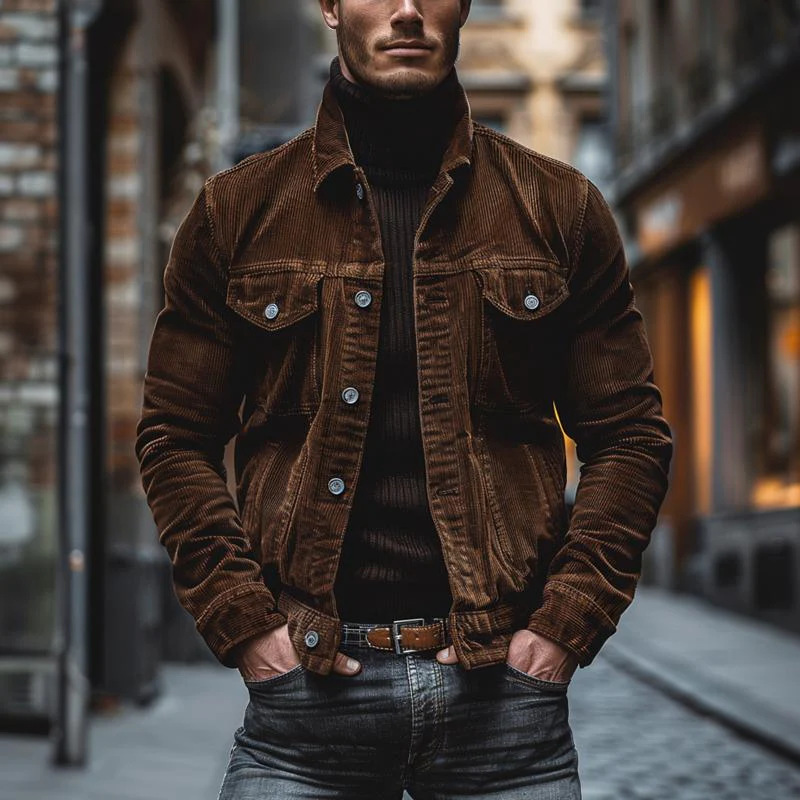 Men's Corduroy Long-Sleeve Striped Collar Jacket for Autumn and Winter