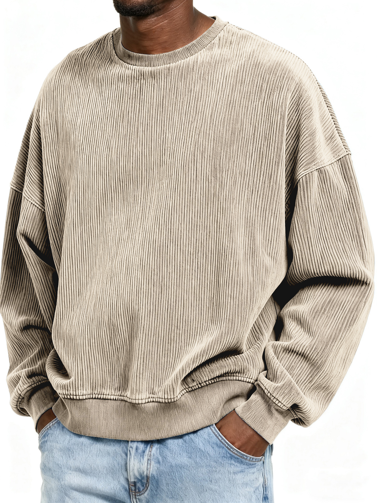 Stylish Ribbed Basic Crew Neck Pullover Sweatshirt