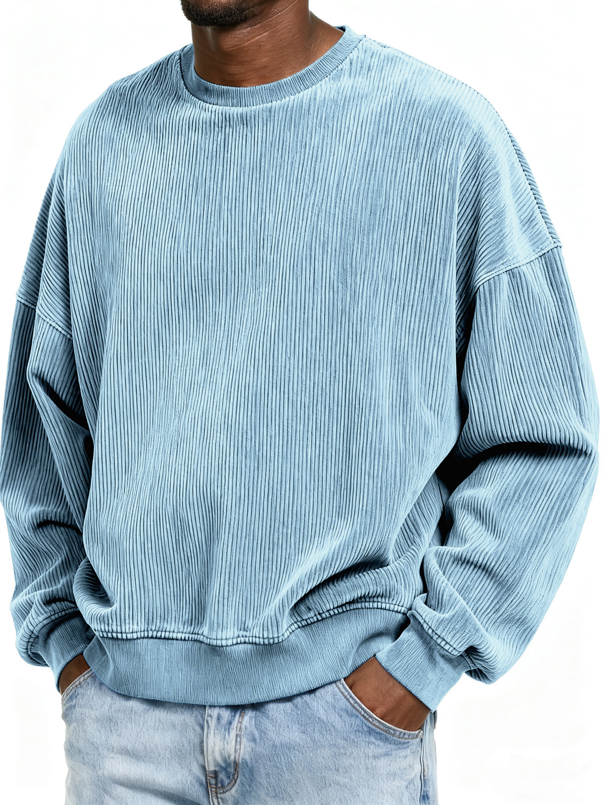 Stylish Ribbed Basic Crew Neck Pullover Sweatshirt