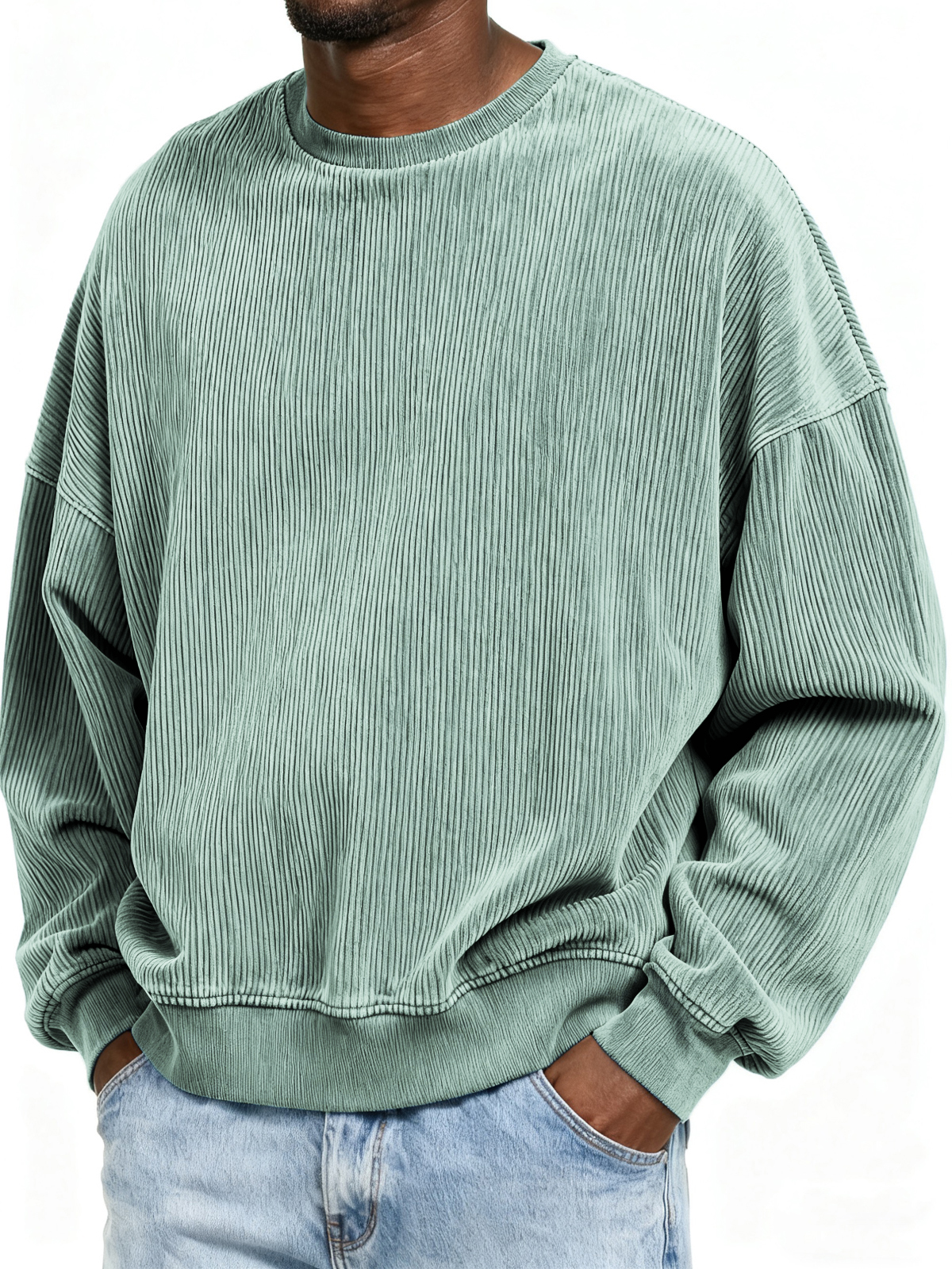 Stylish Ribbed Basic Crew Neck Pullover Sweatshirt