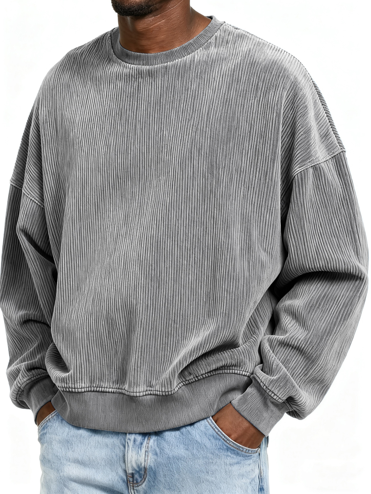 Stylish Ribbed Basic Crew Neck Pullover Sweatshirt