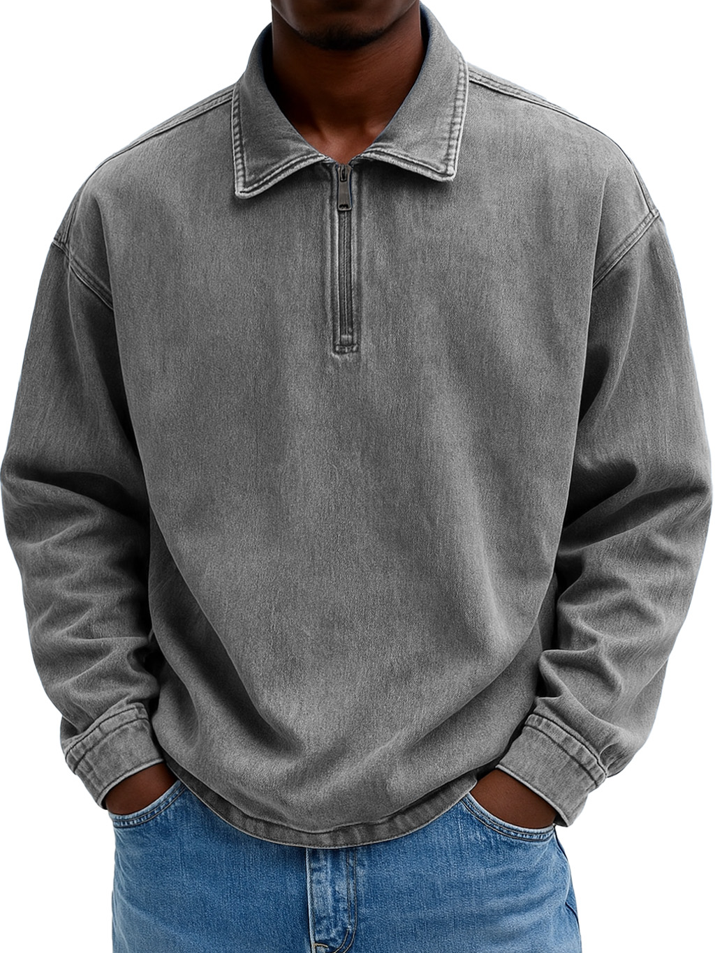 Men's Stylish Casual Retro Zippered Lapel Long-sleeved Loose-fitting Distressed Sweatshirt 