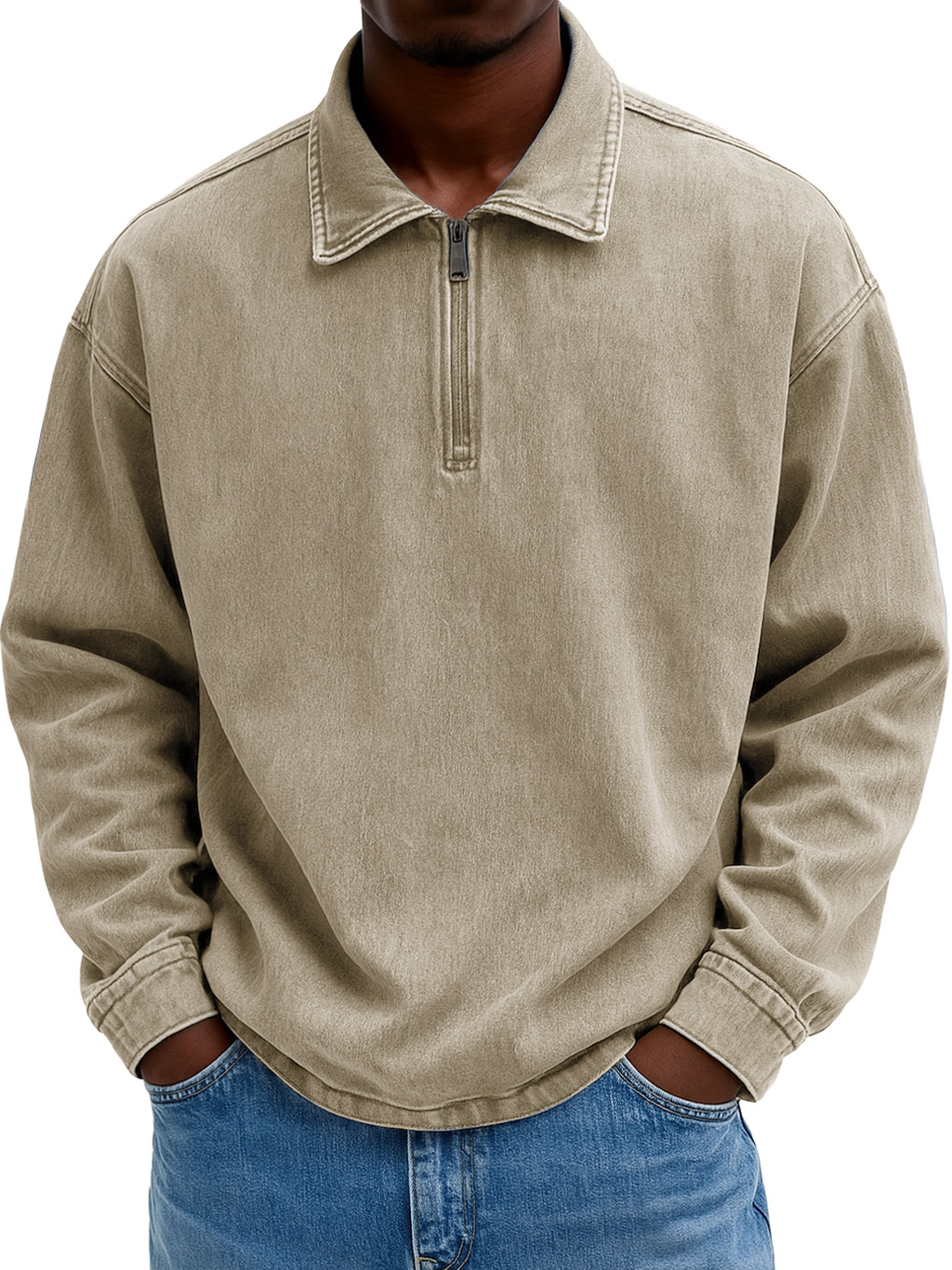 Men's Stylish Casual Retro Zippered Lapel Long-sleeved Loose-fitting Distressed Sweatshirt 