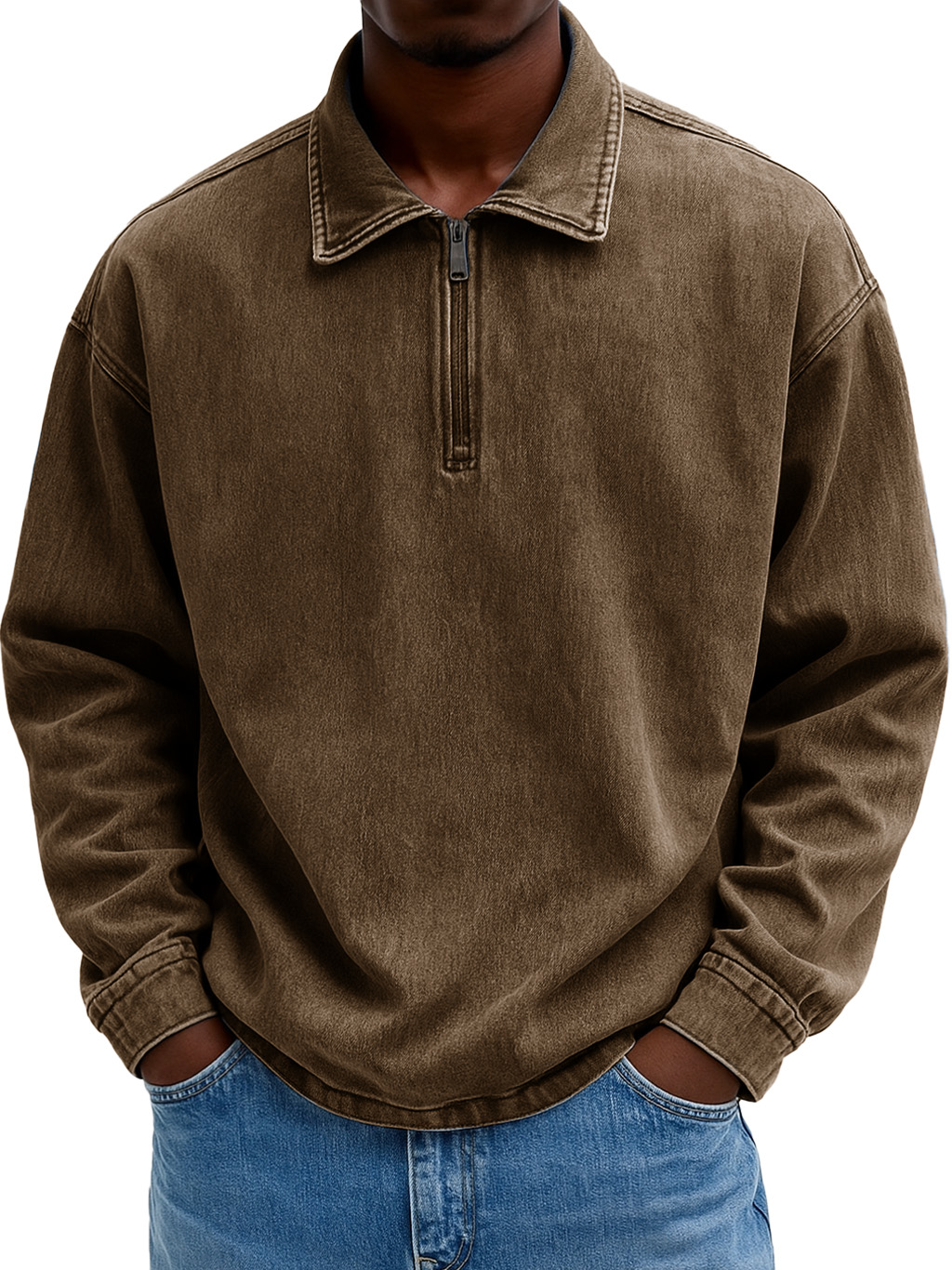 Men's Stylish Casual Retro Zippered Lapel Long-sleeved Loose-fitting Distressed Sweatshirt 