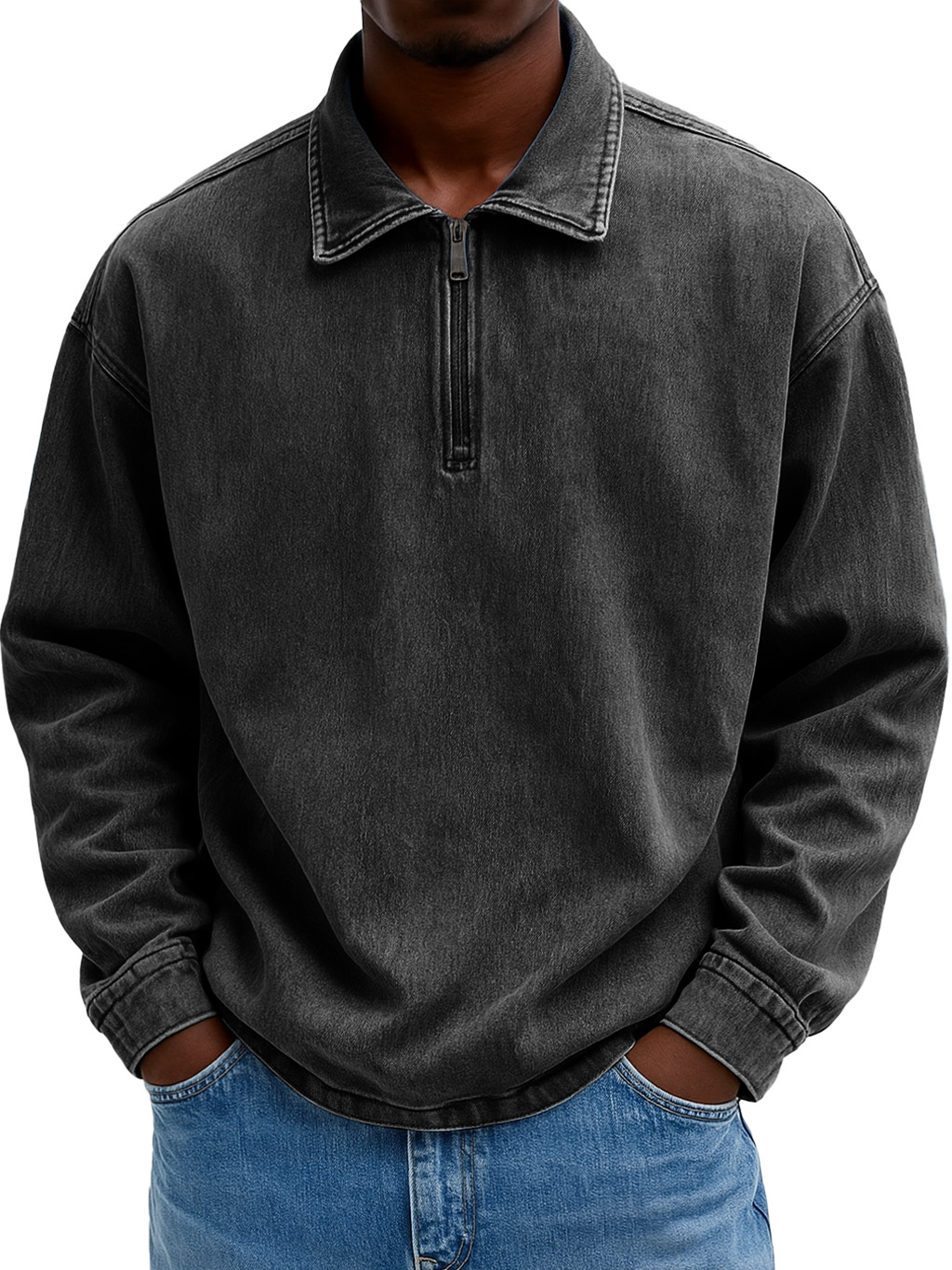 Men's Stylish Casual Retro Zippered Lapel Long-sleeved Loose-fitting Distressed Sweatshirt 