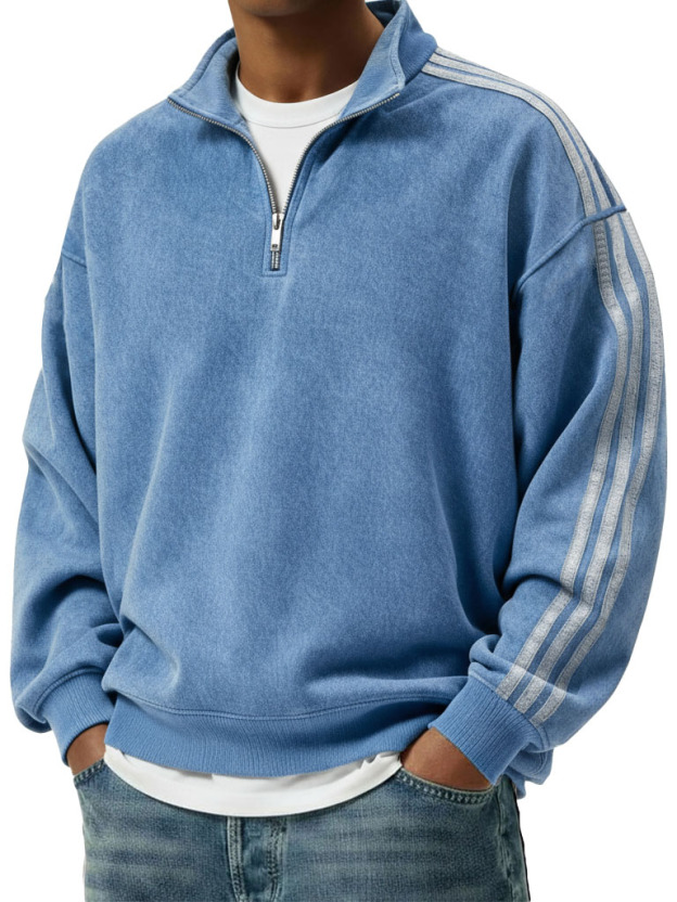 Men's Retro Fashion Distressed Striped Patchwork Stand Collar Long-Sleeve Sweatshirt