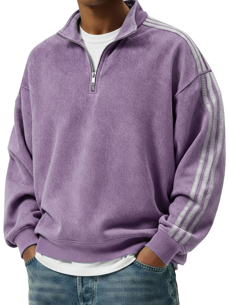 Men's Retro Fashion Distressed Striped Patchwork Stand Collar Long-Sleeve Sweatshirt