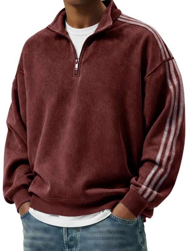 Men's Retro Fashion Distressed Striped Patchwork Stand Collar Long-Sleeve Sweatshirt