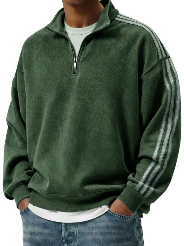 Men's Retro Fashion Distressed Striped Patchwork Stand Collar Long-Sleeve Sweatshirt