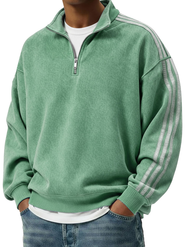 Men's Retro Fashion Distressed Striped Patchwork Stand Collar Long-Sleeve Sweatshirt