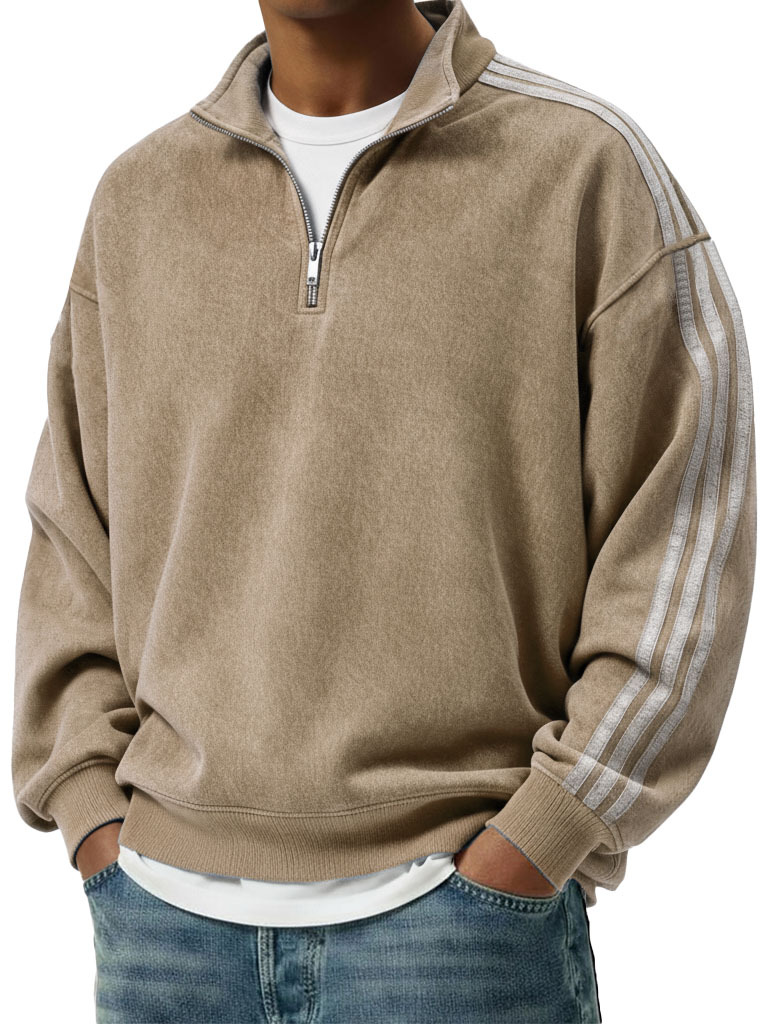 Men's Retro Fashion Distressed Striped Patchwork Stand Collar Long-Sleeve Sweatshirt