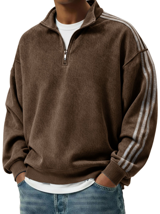 Men's Retro Fashion Distressed Striped Patchwork Stand Collar Long-Sleeve Sweatshirt