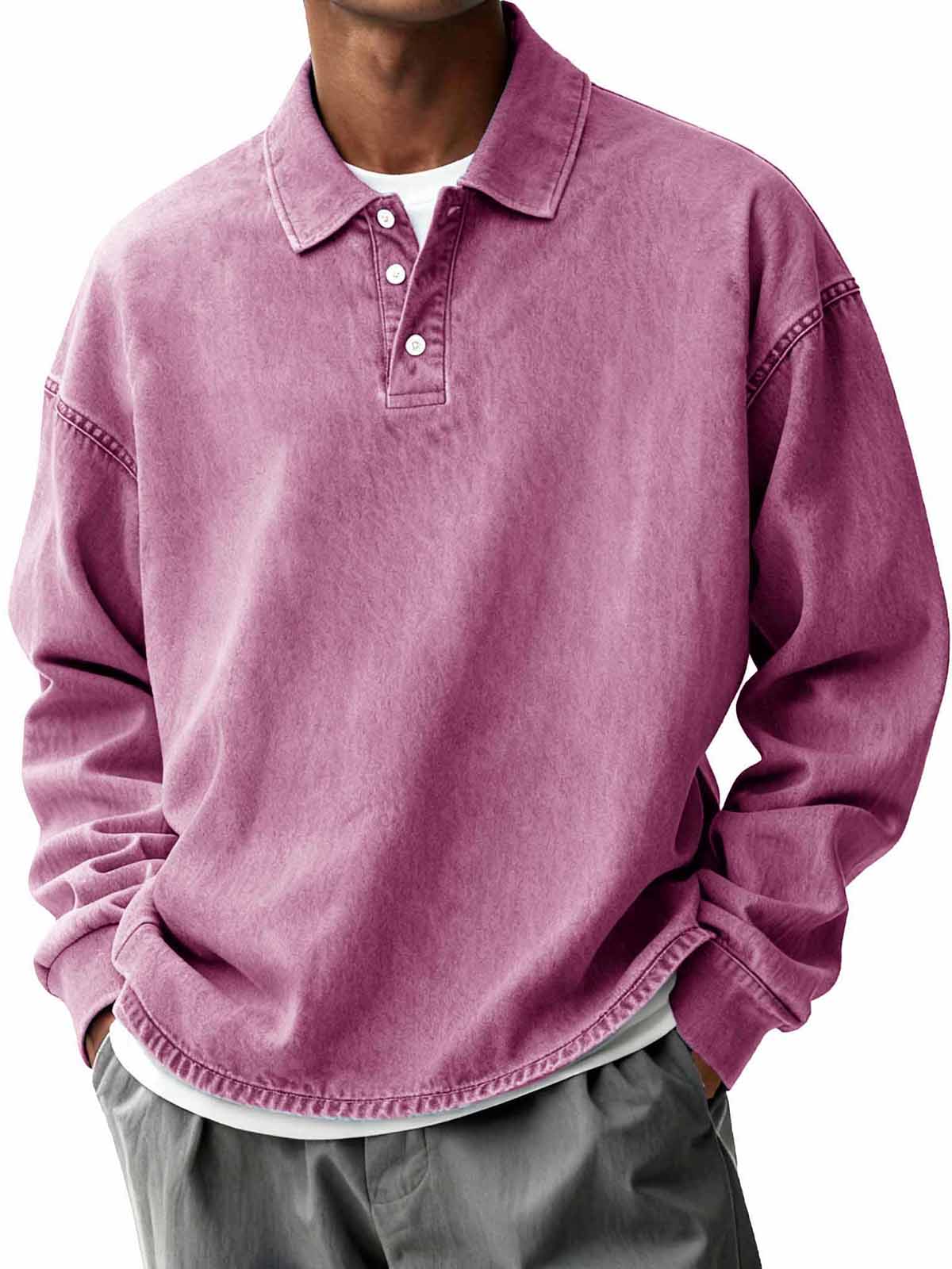 Men's Retro Distressed Fashion Turn-Down Collar Long-Sleeve Loose Polo Shirt