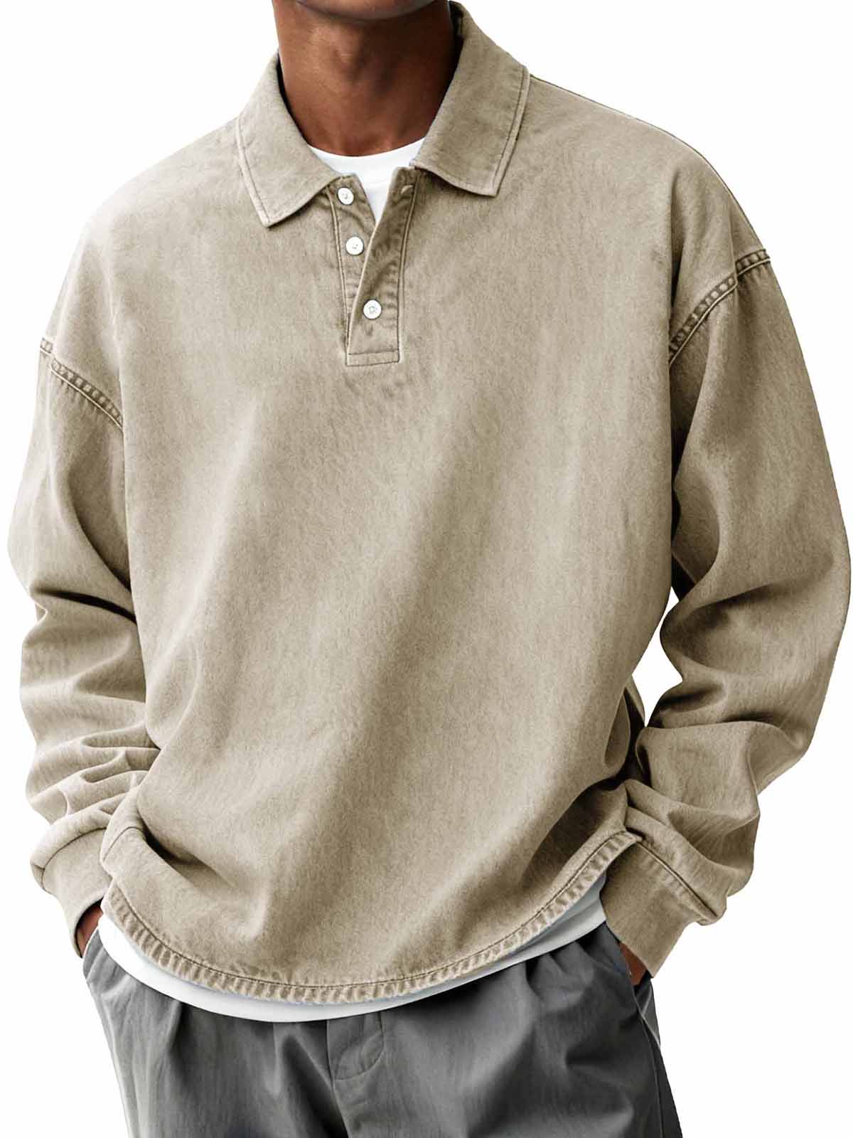 Men's Retro Distressed Fashion Turn-Down Collar Long-Sleeve Loose Polo Shirt