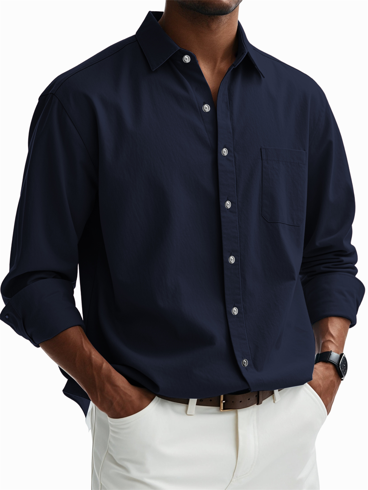 Men's Casual Cotton Pocket Basic Long Sleeve Shirt