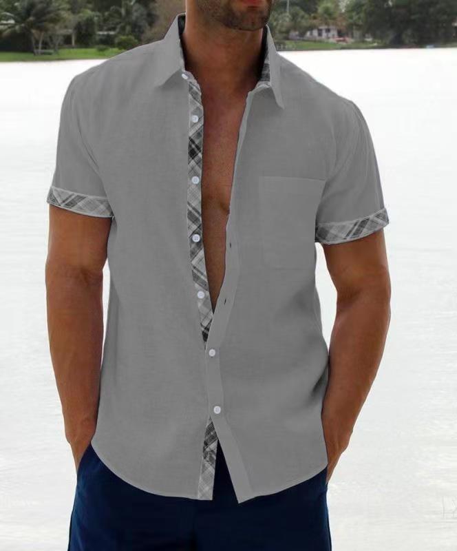 Men's casual color-blocked cardigan short-sleeved shirt