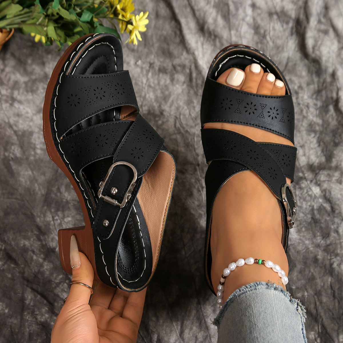 Women's Cutout Block-Heel Sandals