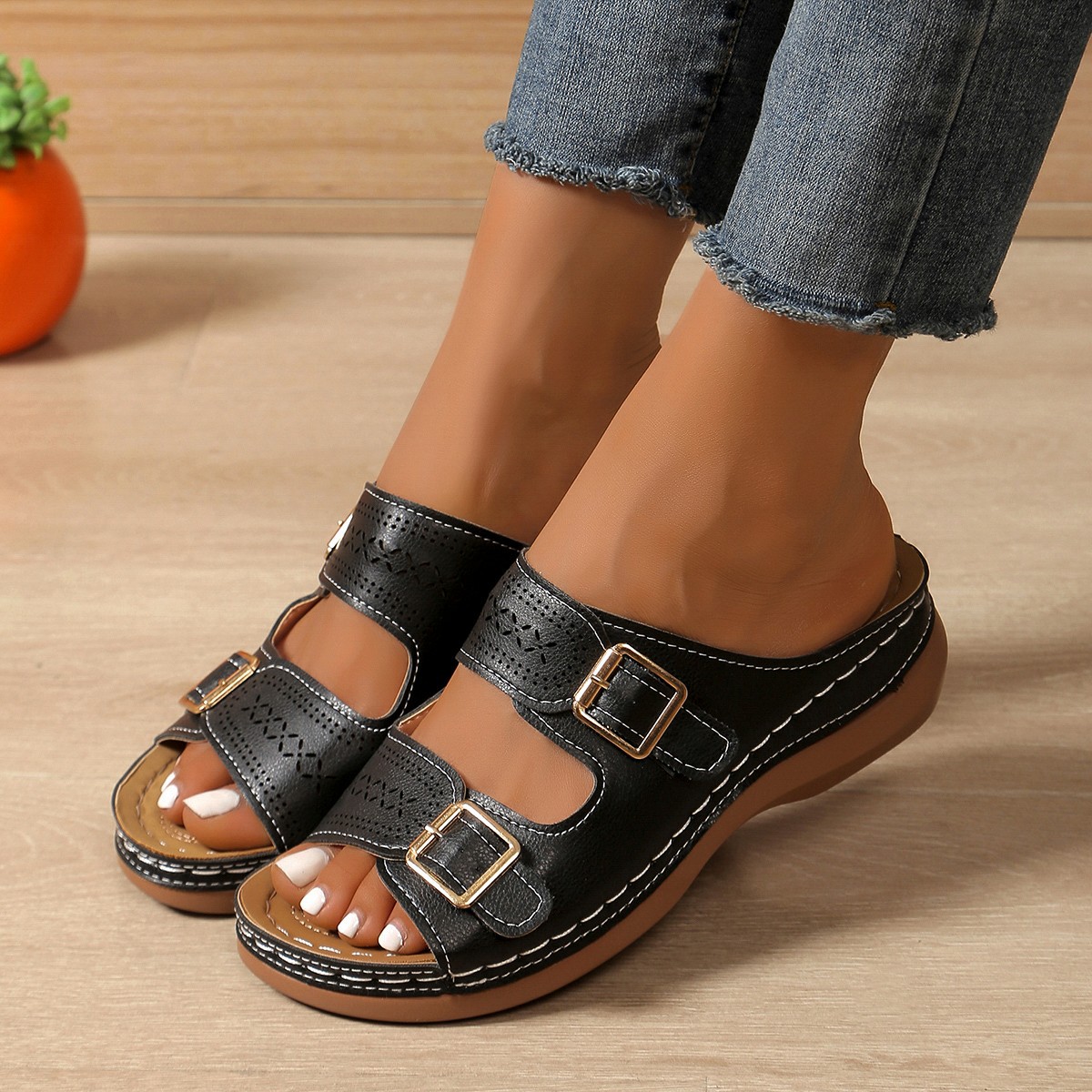 Stylish Adjustable Width Cut-Out Wedge Sandals