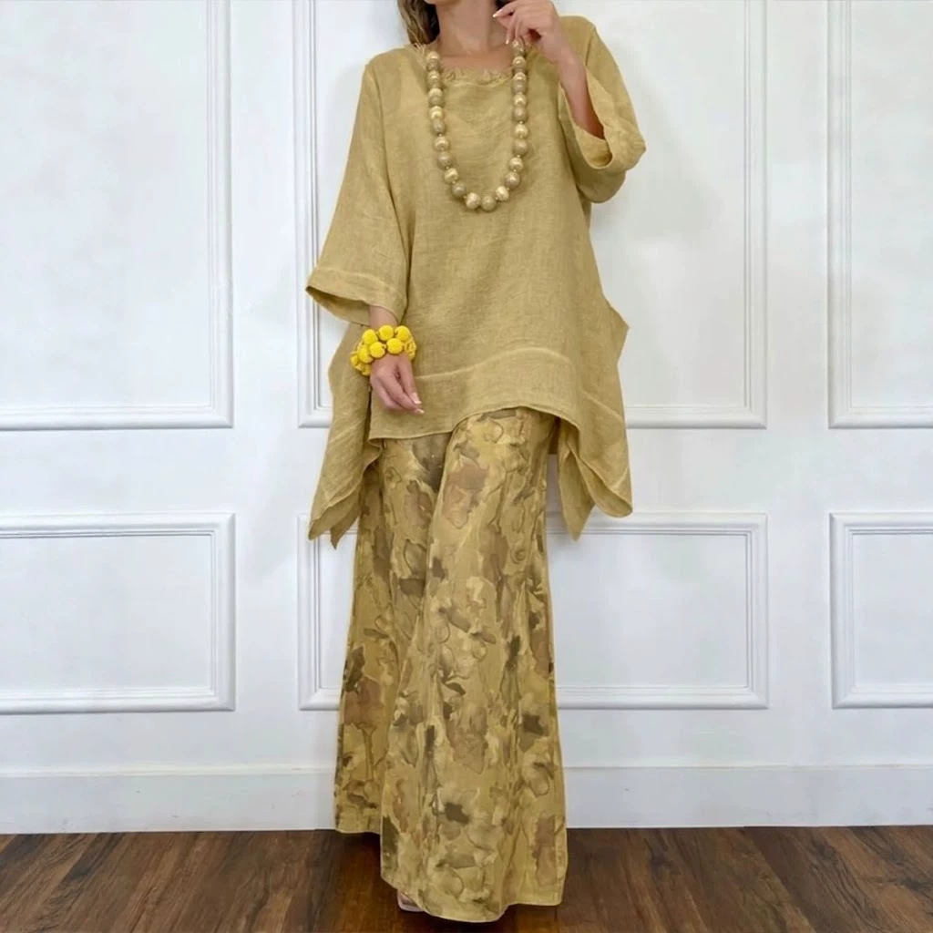Casual Asymmetrical Top & Printed Wide Leg Pants Set