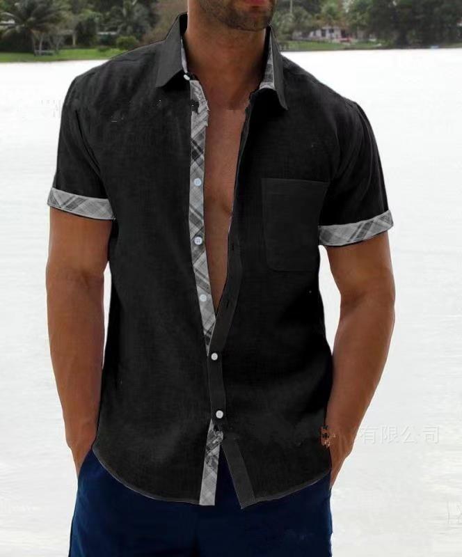 Men's casual color-blocked cardigan short-sleeved shirt