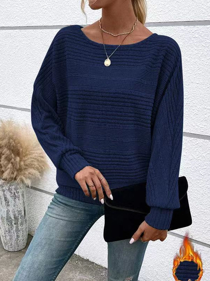 Casual solid color long-sleeved round neck knit sweater pullover