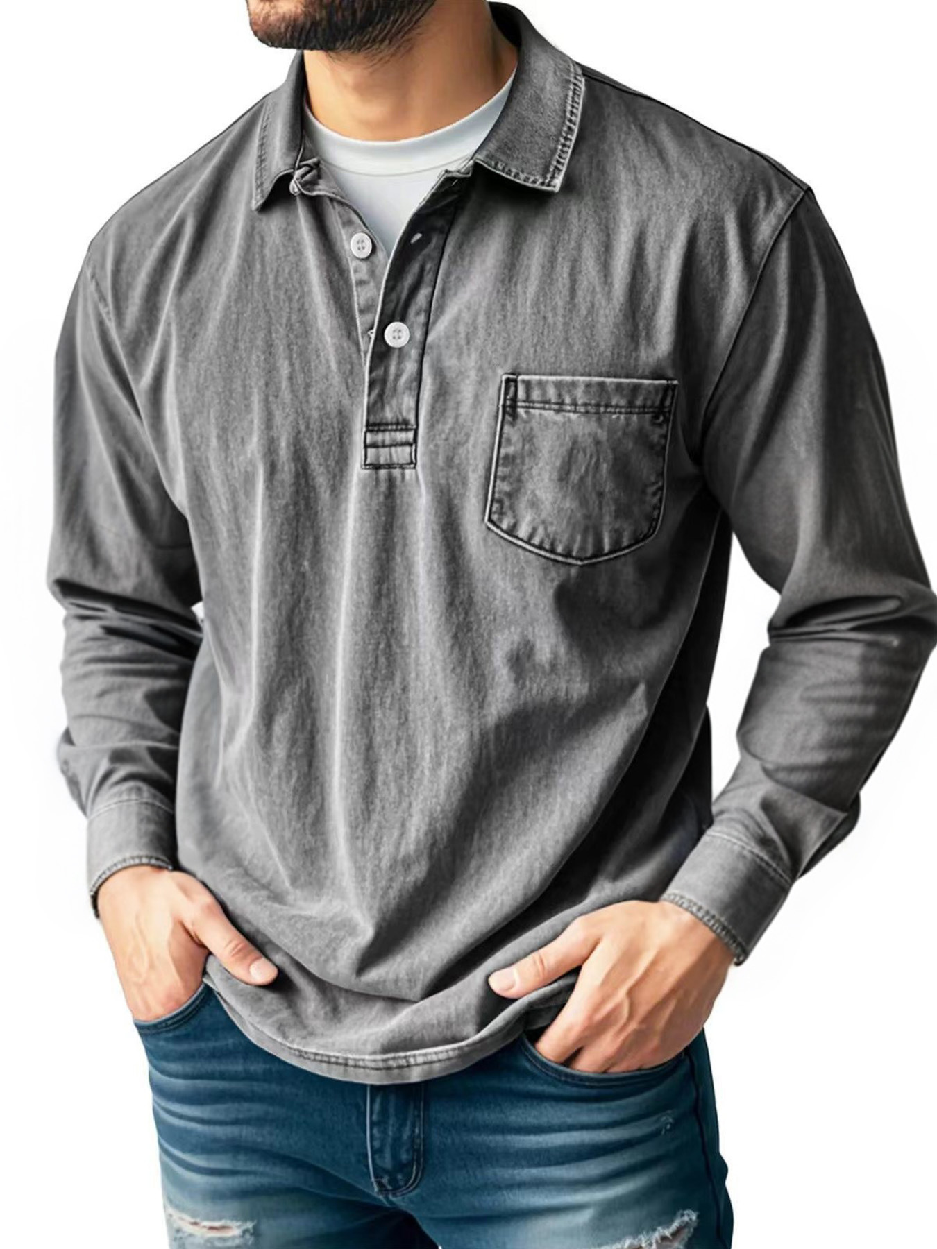 Men’s Vintage Wash Long Sleeve Shirt with Chest Pocket