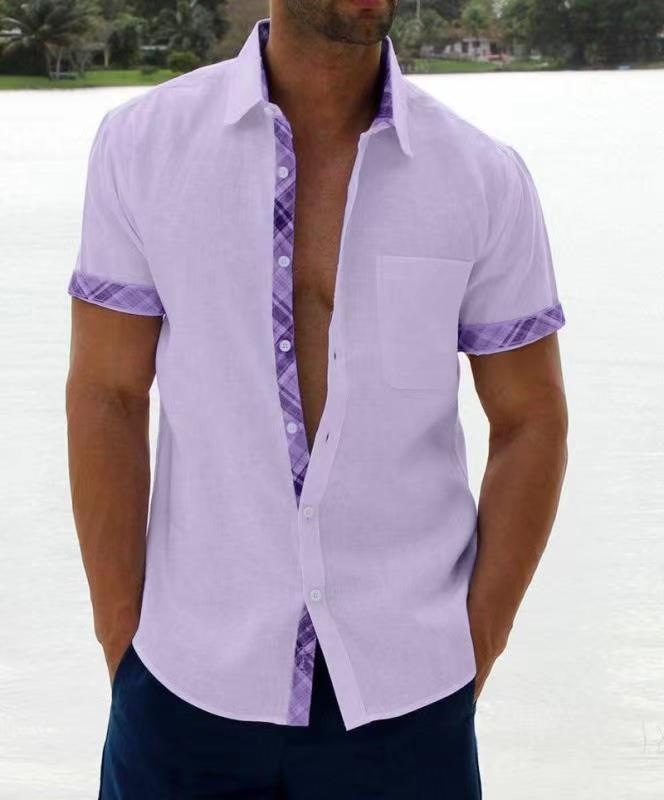 Men's casual color-blocked cardigan short-sleeved shirt