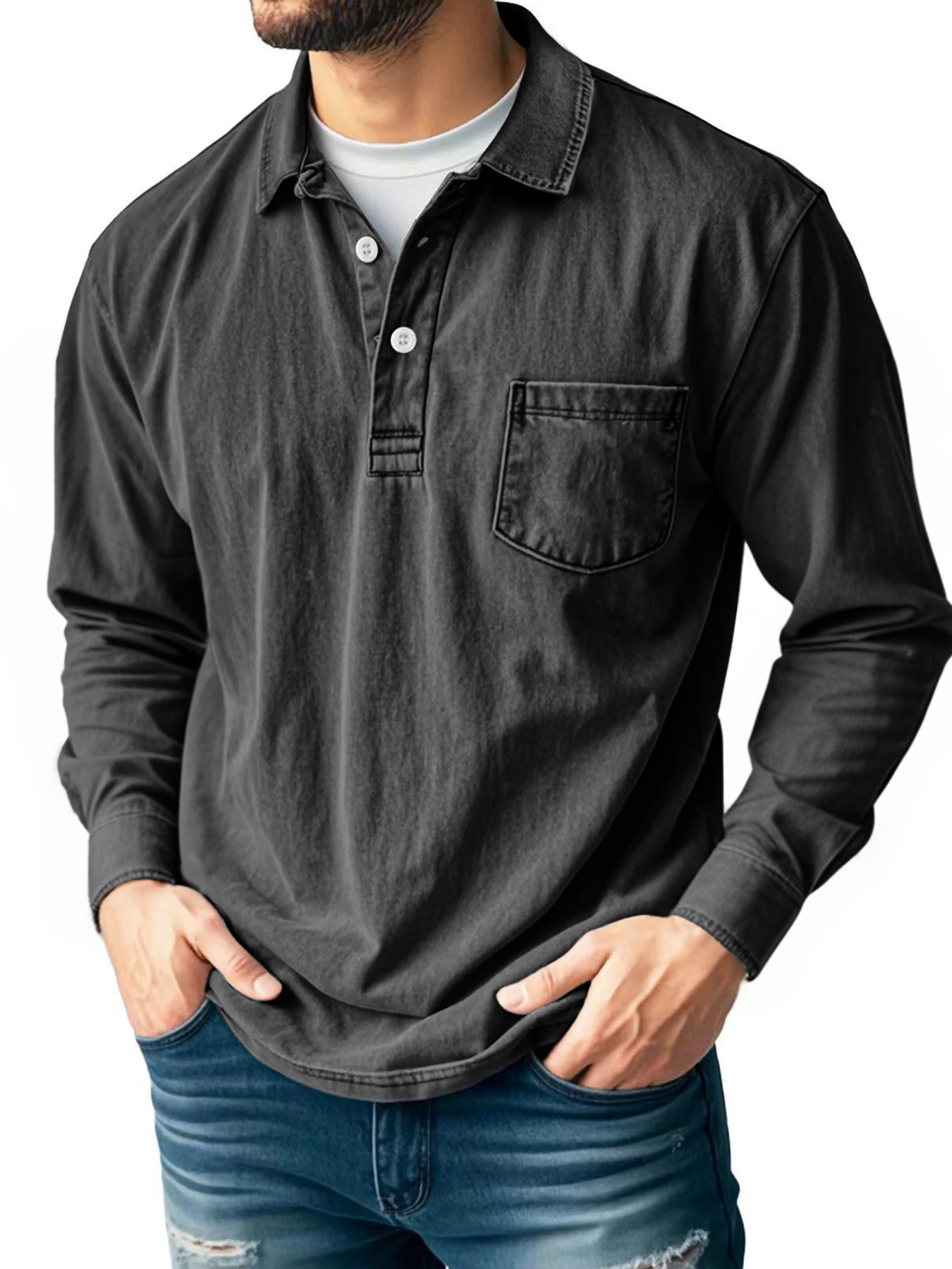 Men’s Vintage Wash Long Sleeve Shirt with Chest Pocket