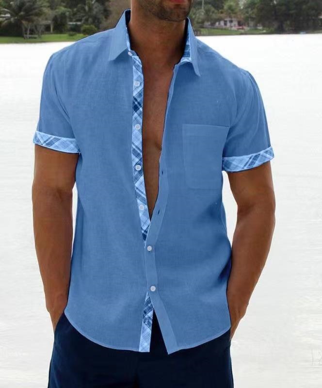 Men's casual color-blocked cardigan short-sleeved shirt