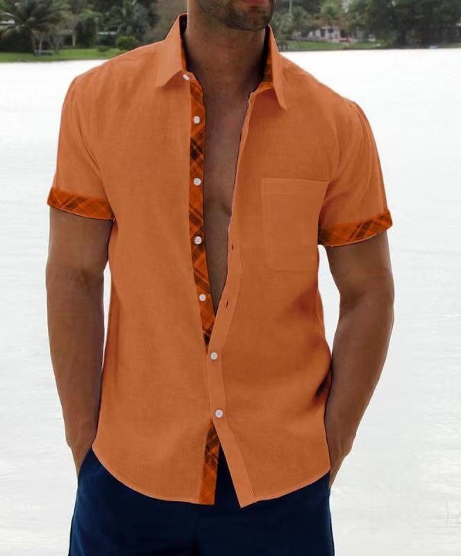 Men's casual color-blocked cardigan short-sleeved shirt