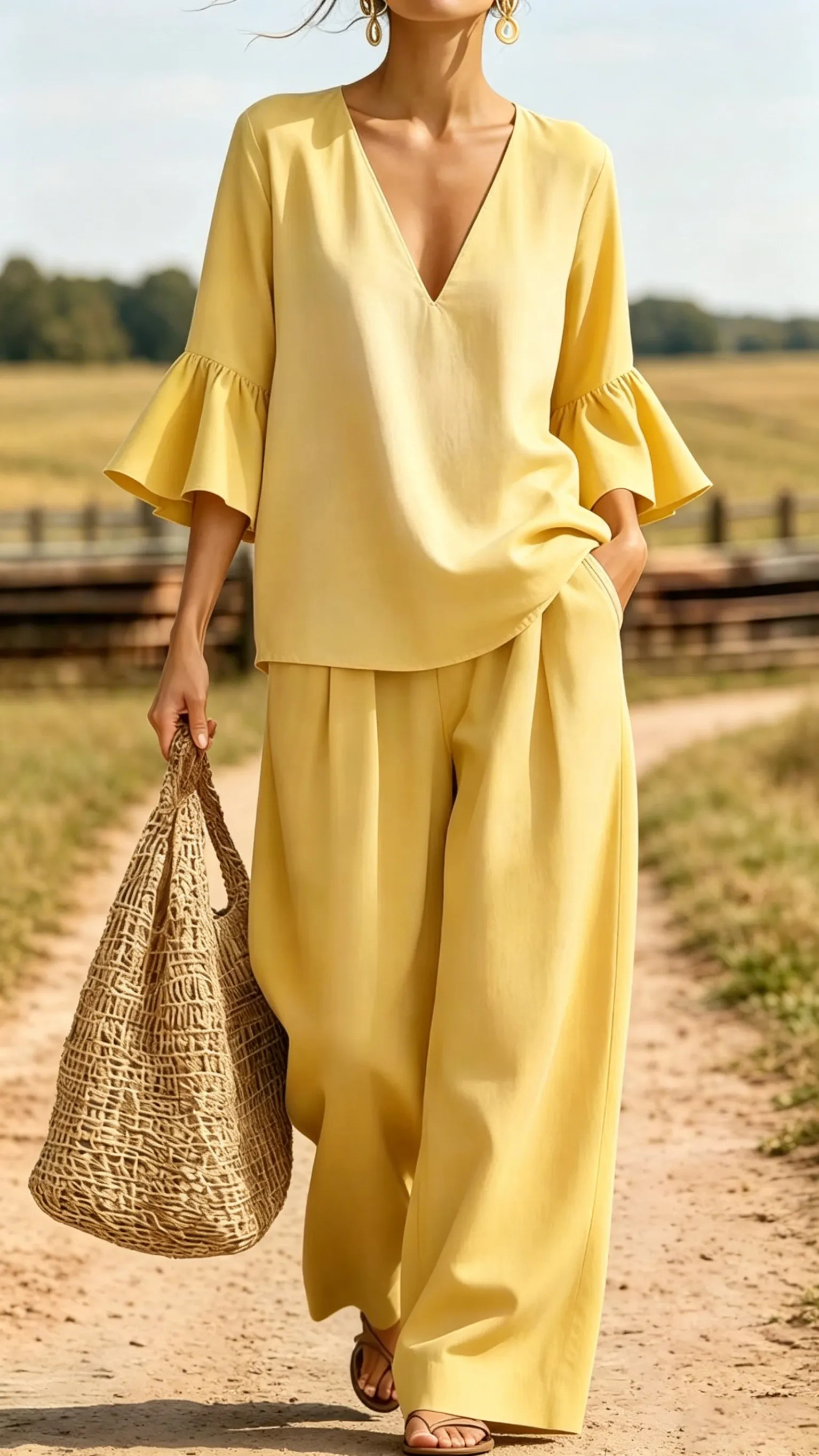 Women's Casual & Comfortable Two-Piece Set: V-Neck Top with Ruffle Sleeves and Wide-Leg Pants