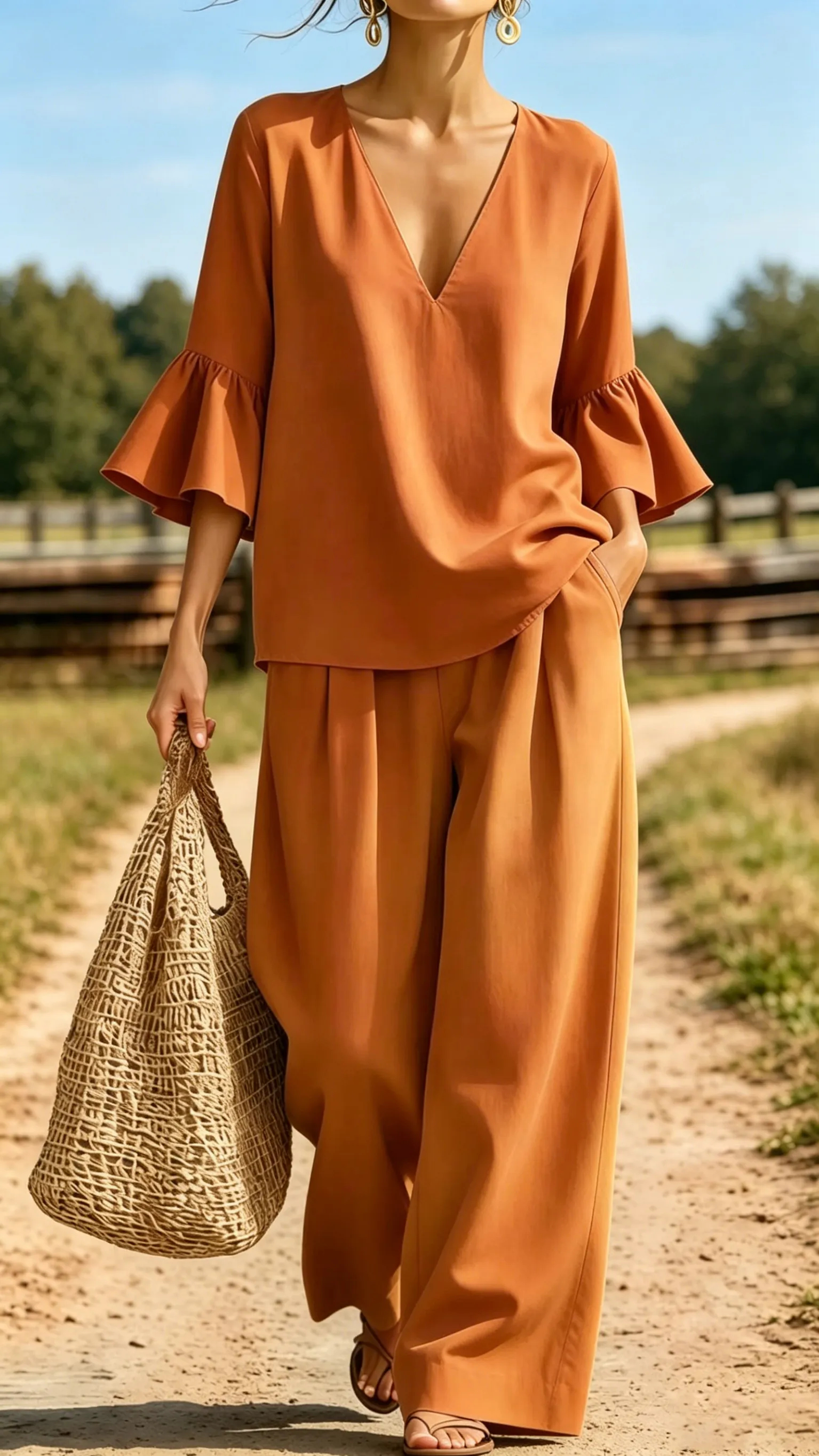 Women's Casual & Comfortable Two-Piece Set: V-Neck Top with Ruffle Sleeves and Wide-Leg Pants