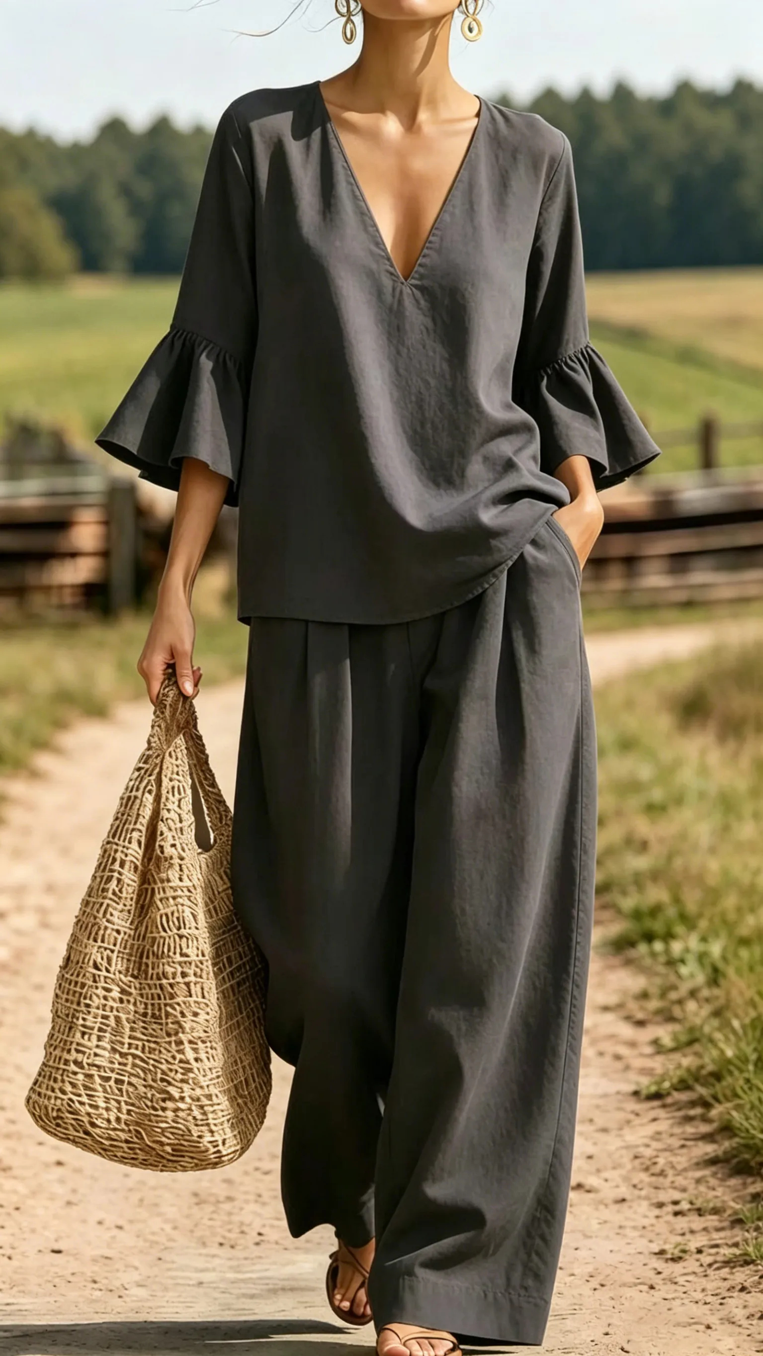 Women's Casual & Comfortable Two-Piece Set: V-Neck Top with Ruffle Sleeves and Wide-Leg Pants
