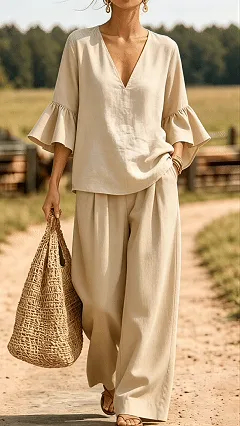 Women's Casual & Comfortable Two-Piece Set: V-Neck Top with Ruffle Sleeves and Wide-Leg Pants
