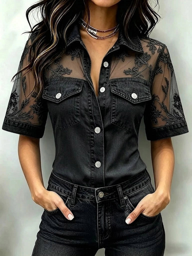 Women's Denim Shirt Sheer Mesh Lace Short Sleeve Blouse