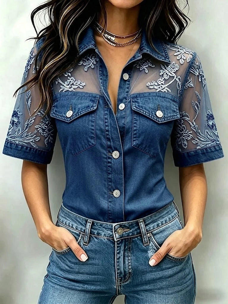 Women's Denim Shirt Sheer Mesh Lace Short Sleeve Blouse
