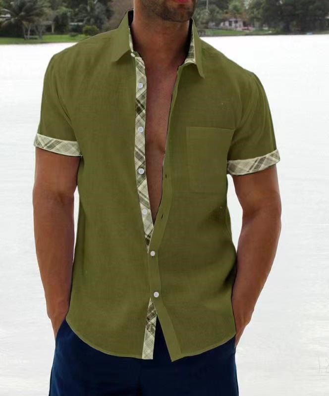 Men's casual color-blocked cardigan short-sleeved shirt