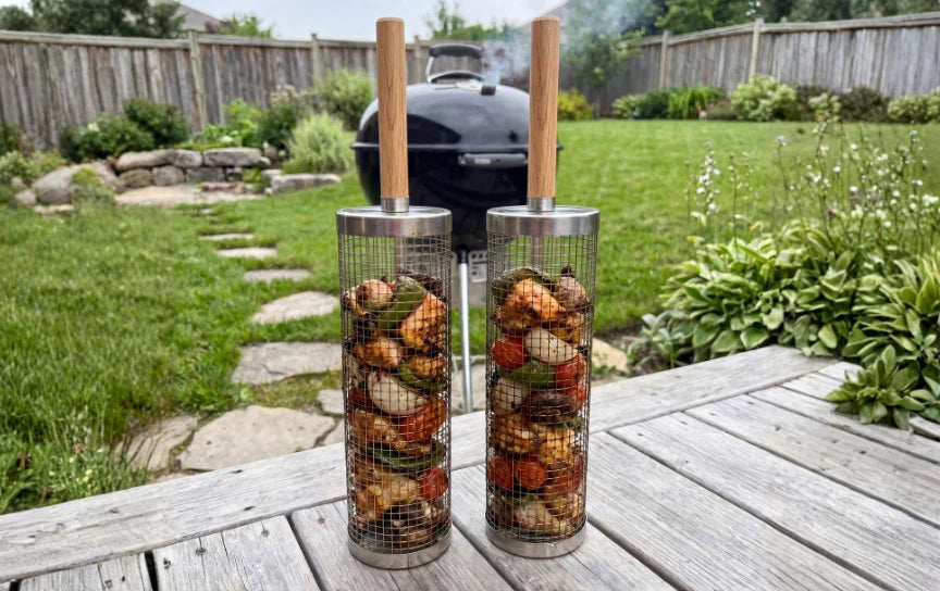 Grill baskets with cooked ingredients ready to serve