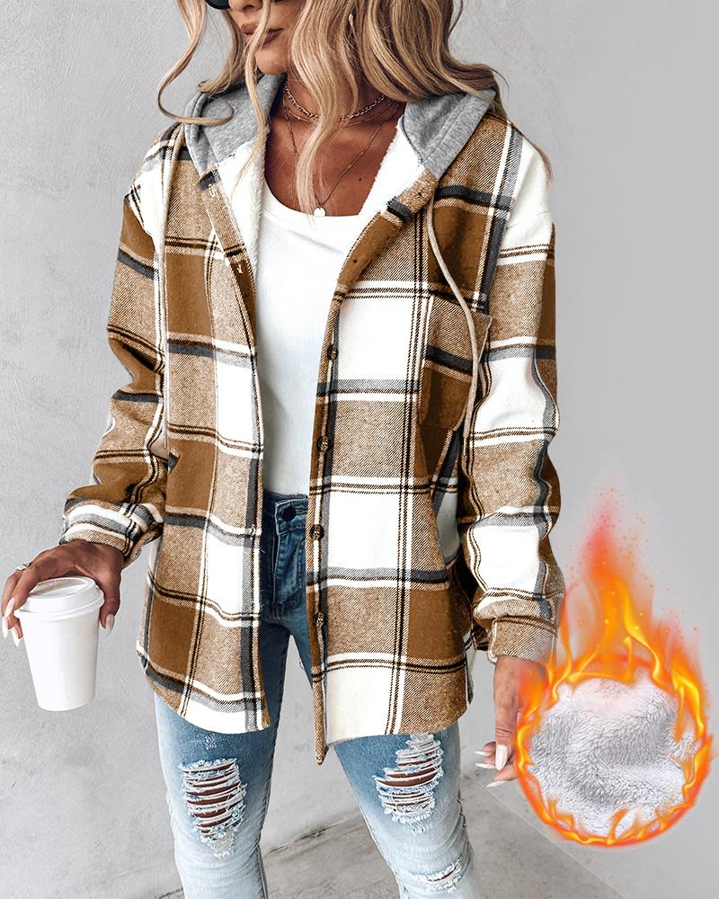 Plaid Pattern Long Sleeve Shacket Button Down Fleece Lined Hooded Jackets Warm Coat
