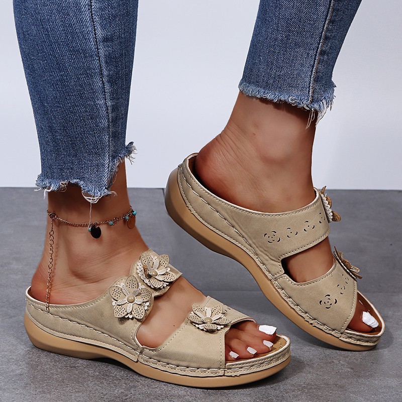 Women Comfortable Beach Shoes Hollow Flower Wedge Platform Roman Style Sandals