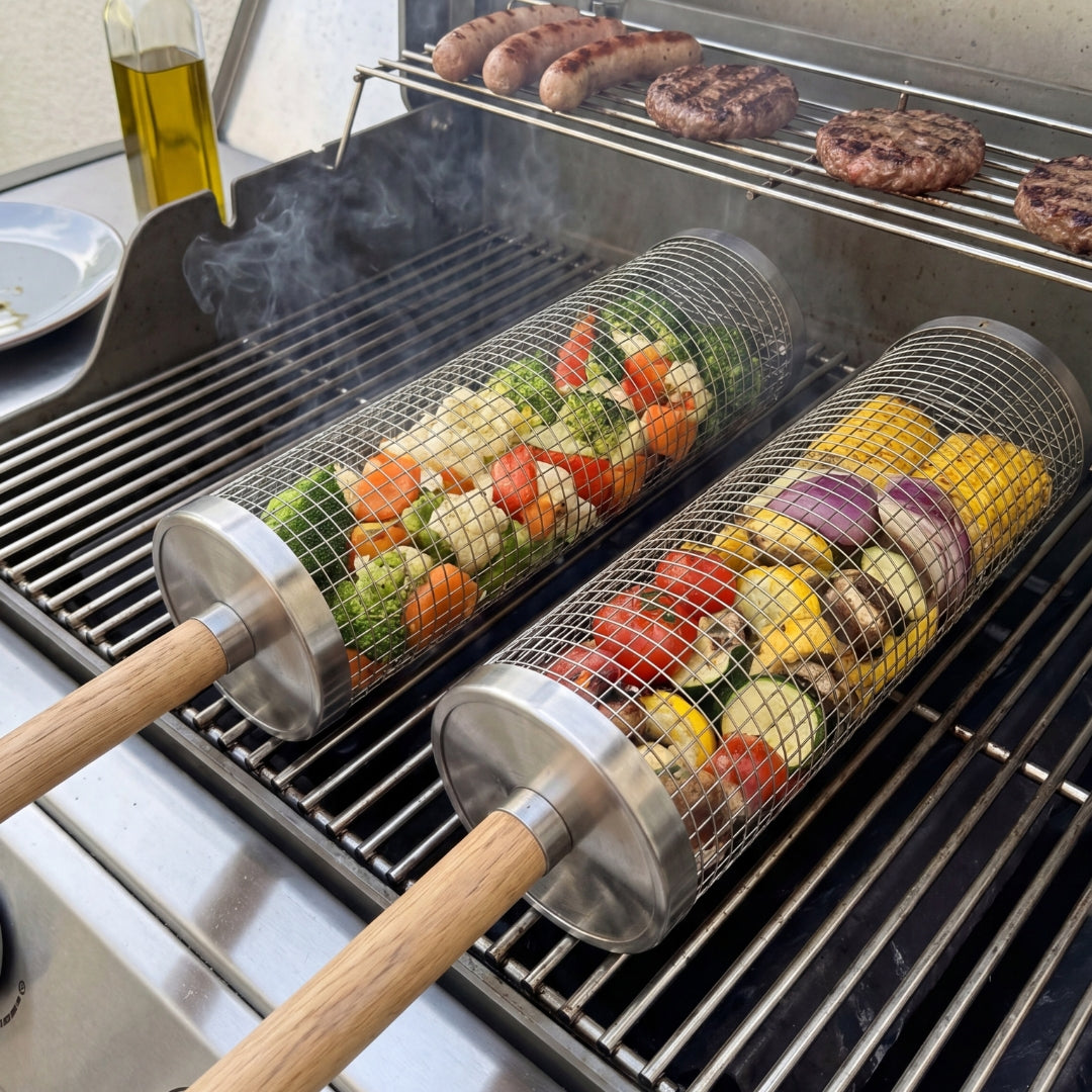 Vegetable-filled cylindrical baskets cooking on a grill