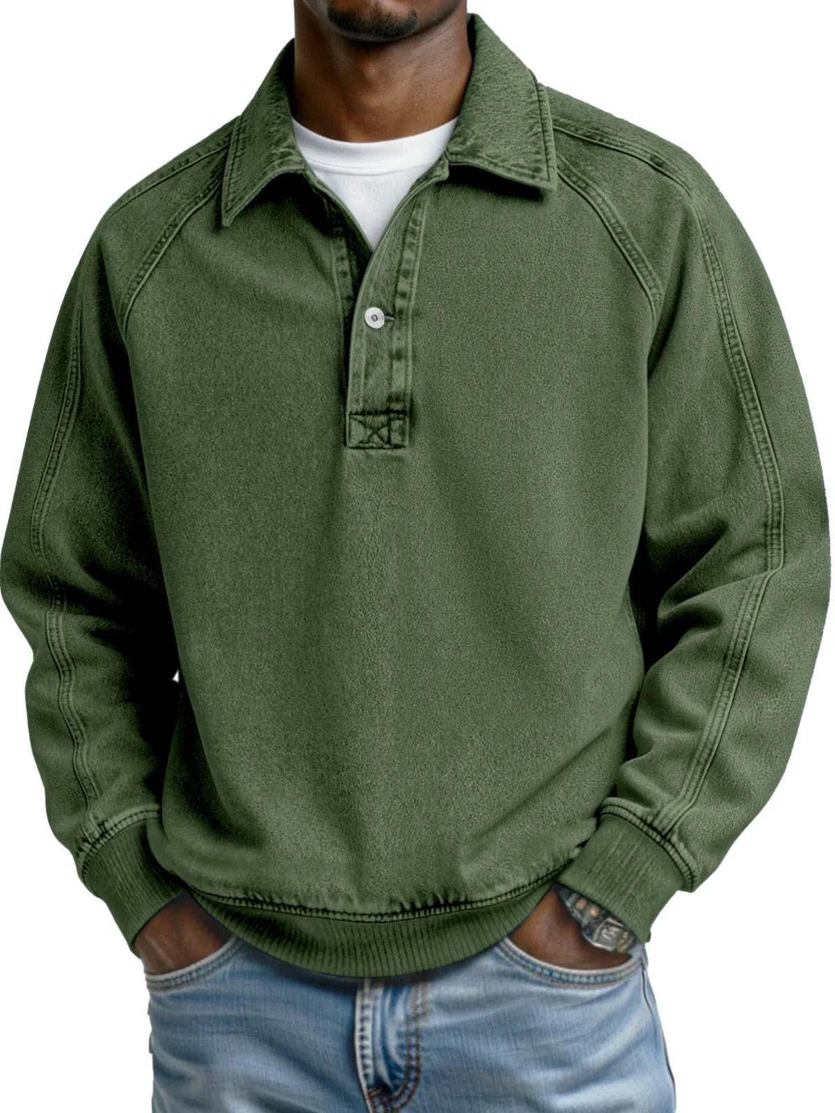 Retro Solid Color Patchwork Design Button Lapel Long-sleeved Polo Shirt