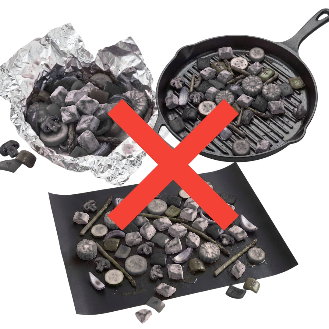 Foil, pan and grill mat shown as alternative ways to cook small foods