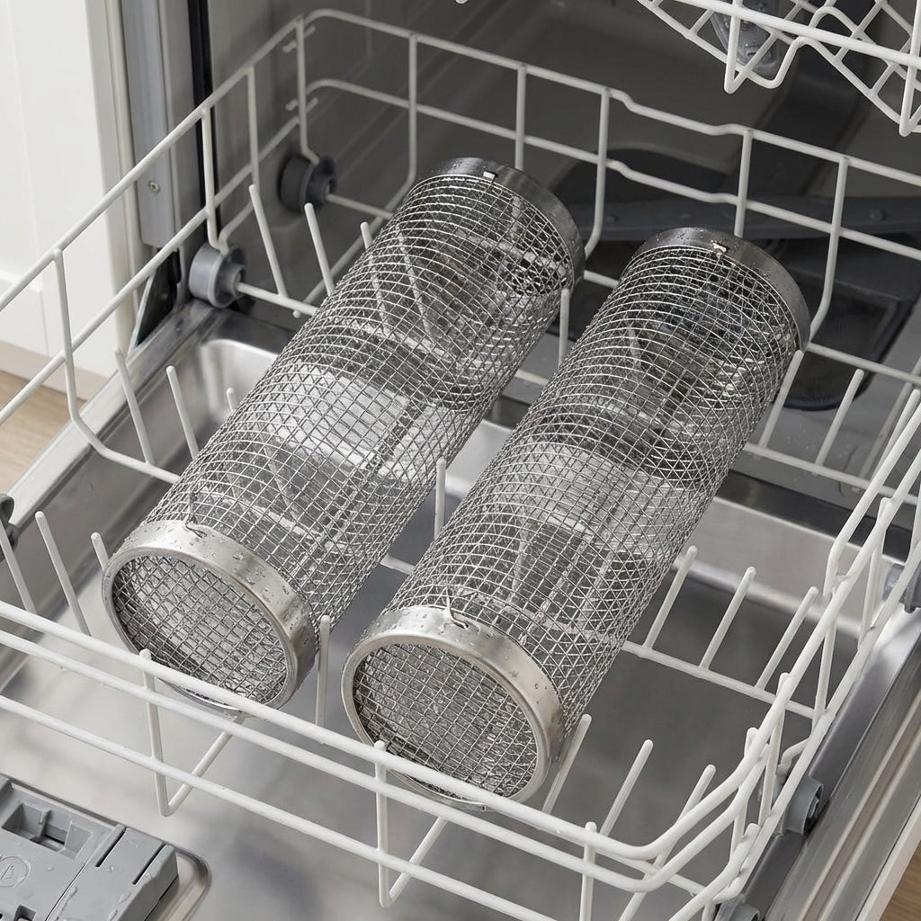 Stainless steel grill baskets in a dishwasher