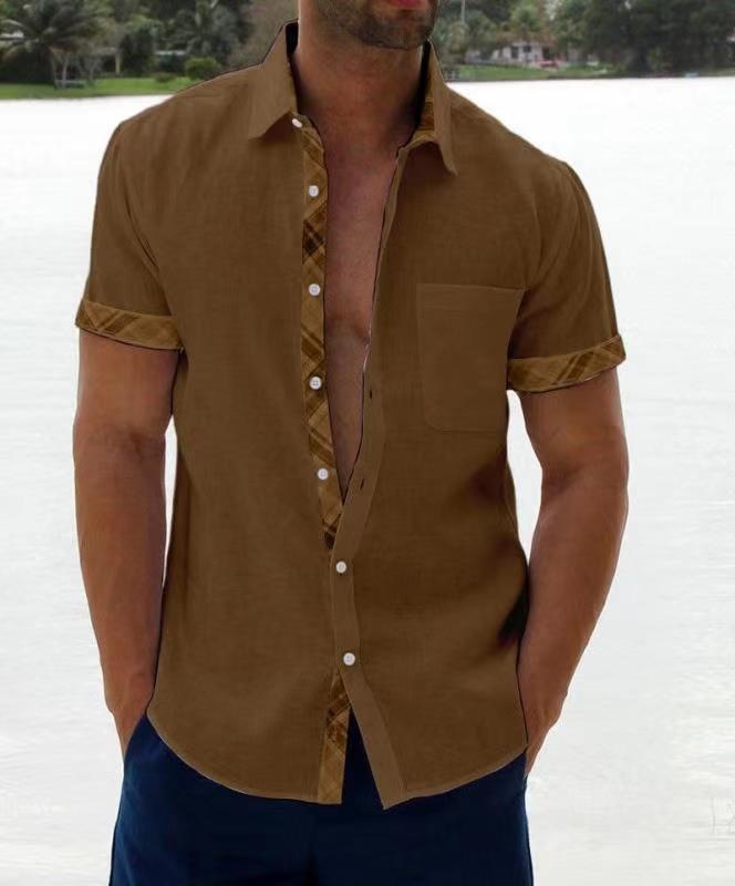 Men's casual color-blocked cardigan short-sleeved shirt