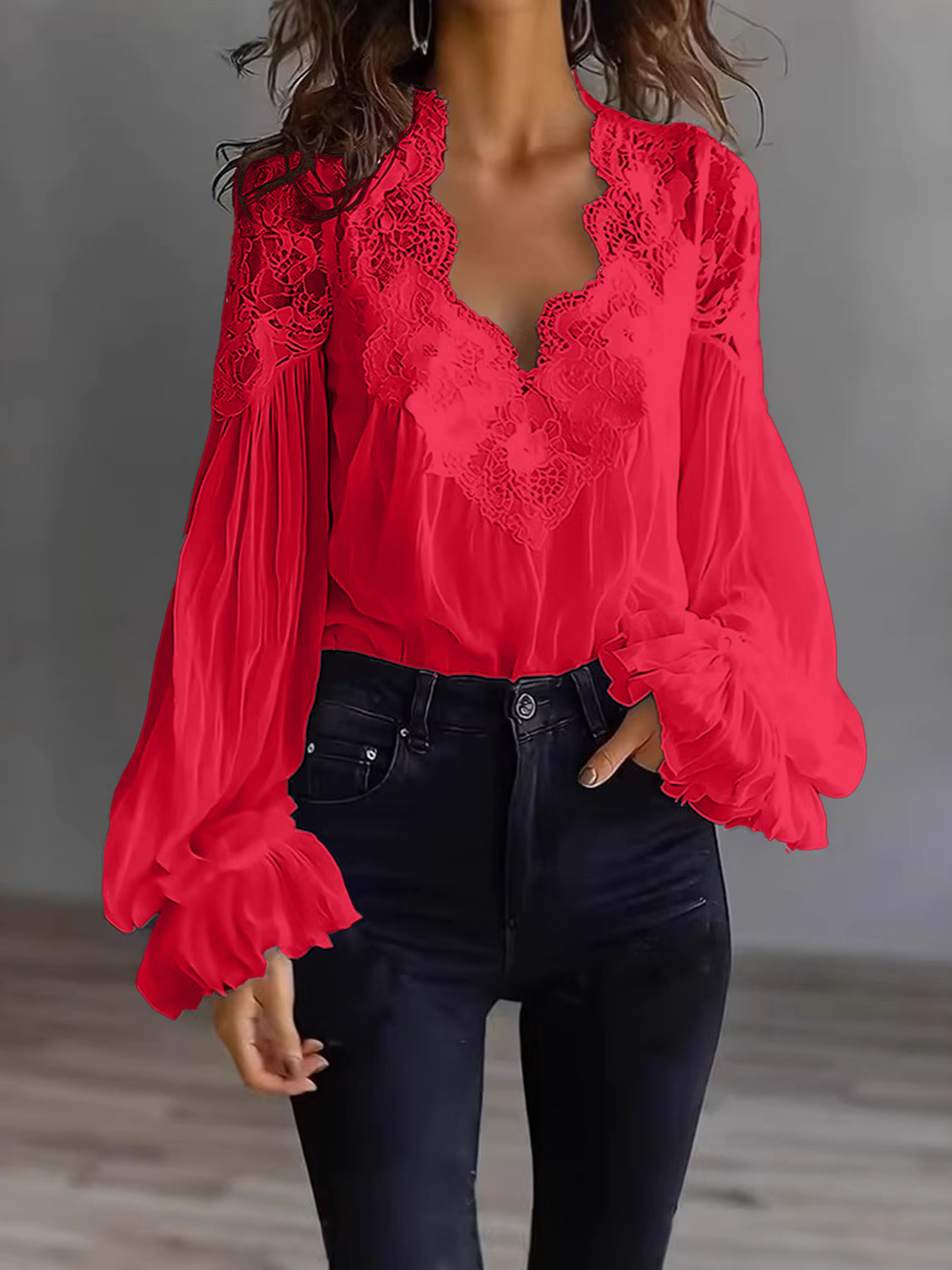 Puff Sleeve Pleated Ruffled Lace Panel Shirt Women